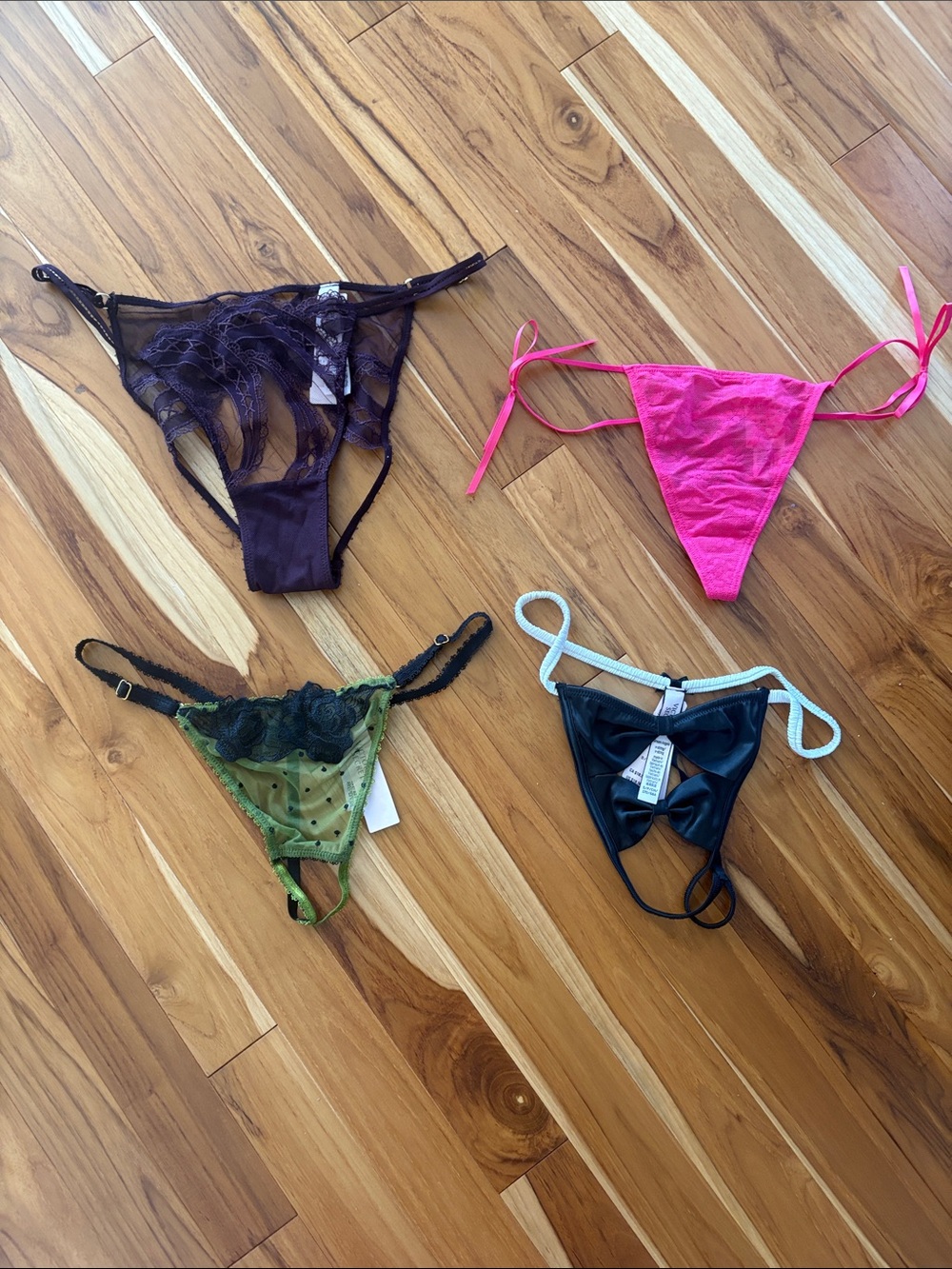 Women’s Lace & Satin String Thong Set - Pink, Purple, Green, Black